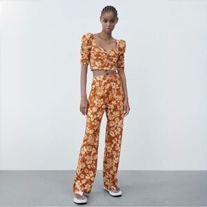 ZARA Floral Wide Leg Pants XS High Waist Boho Cotton Summer Trousers